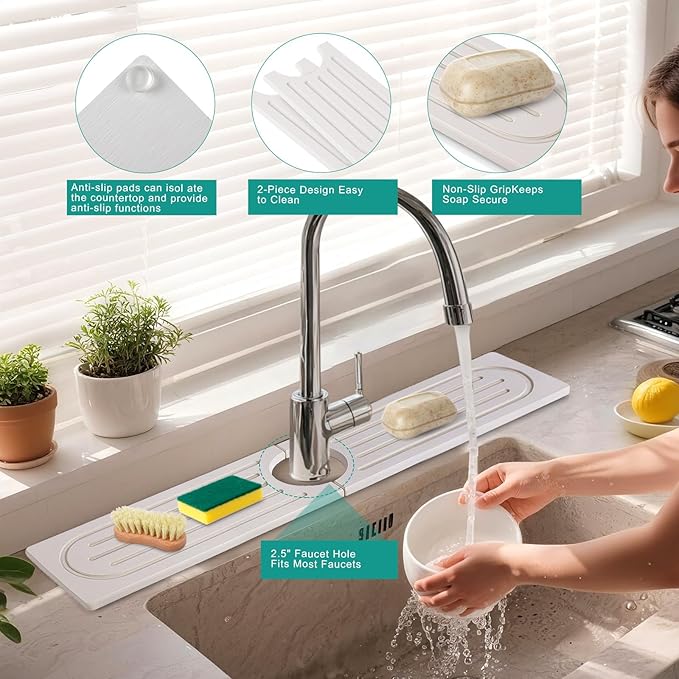 23.6”Drying Stone Faucet Mat for Kitchen Sink-Diatomite Quick Dry Kitchen Sink Splash Guard, Water Absorbent Diatomite Stone Tray,Durable Protector for Bathroom Counter (White, 23.6" X 3.9")