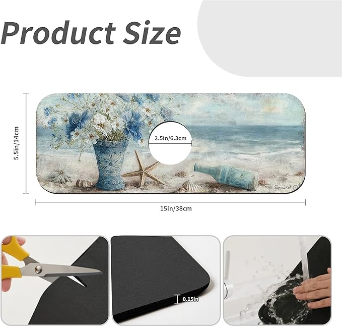 Kitchen Sink Splash Guard，ornate vase,beach Faucet Mat Sink Gadgets-Super Absorbent Fast Drying Mat Drip Catcher for Kitchen, Bathroom,Sink Mat, Dish Drying Mat, Bathroom(15" X 5.5" )