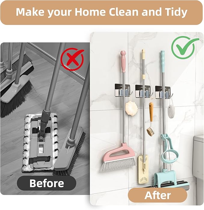 Mop and Broom Rack, Used for Hanging and organizing Tube-Shaped Tools Such as mops and Brooms, with Hooks, Elegantly Releasing Space, Suitable for bathrooms, Kitchens, Offices, etc (Silver)