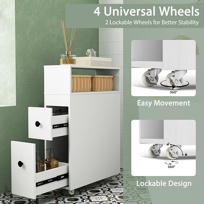 LOKO Slim Bathroom Storage Cabinet with Wheels, Narrow Toilet Side Cabinet with Drawers, Removable Storage Baskets, Toilet Brush Holder, Movable Bathroom Organizer or Skinny Corner, Narrow Spaces