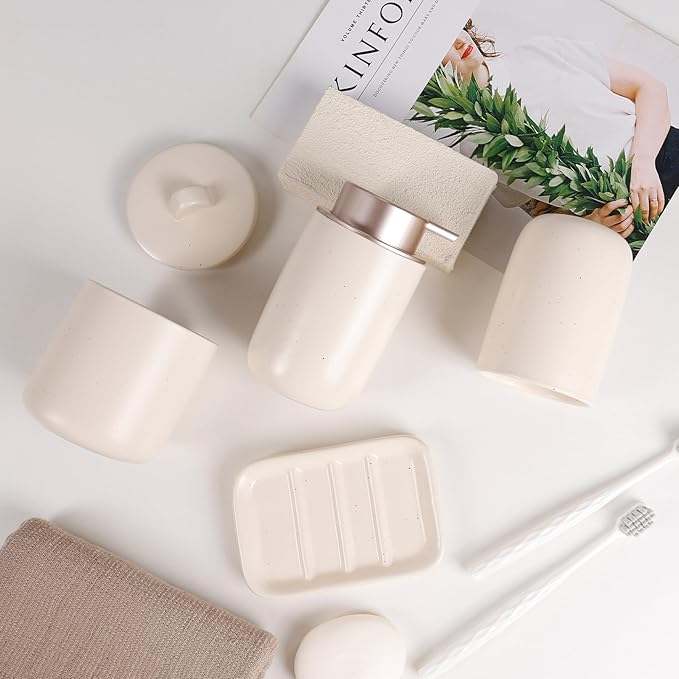 BosilunLife Apricot Bathroom Accessories Set - Ceramic Bathroom Accessories Sets Complete Foaming Soap Dispenser and Toothbrush Holder Set, Soap Dish, Qtip & Cotton Ball Holder Modern Bathroom Set