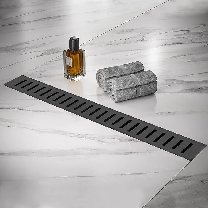 Linear Shower Drain 24 inch, Floor Drain with Removable Pattern Grate, 304 Stainless Steel Rectangular Linear Drain with Hair Strainer, CUPC Certified, Matte Black, SD-104