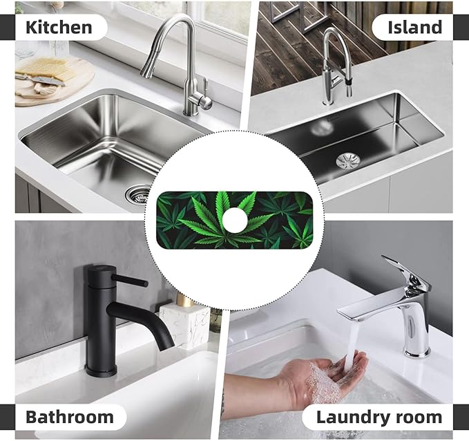 Cannabis Leaf 15" X 5.5" Kitchen Sink Splash Guard, Faucet Guard Draining Mat, Faucet Suction Pad For Kitchen Bathroom