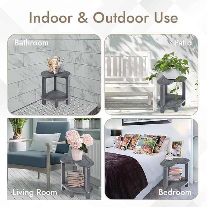 UHA Corner Shower Stool for Inside Shower - Waterproof Corner Shower Bench, HDPE Plastic Bathroom Bench, Adjustable Height Corner Chair for Shaving Legs,Storage Shelf,Non-Slip Feet， Gray