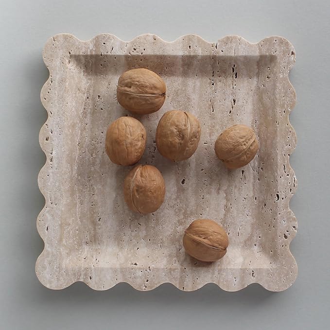Natural Luxury Marble Tray with Scalloped Edge, Handmade Square Decorative Tray, Catch All Tray for Counter, Dresser, Nightstand and Home Décor (Beige Travertine)