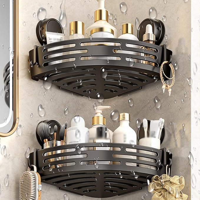 Triangle Suction Cup Shower Caddy, Corner Shower Shelves No Drilling, Upgrade Suction Cup Shower Organizer with Towel Bar & Hooks, Heavy-Duty Strong Hold (Gray, 3pcs)