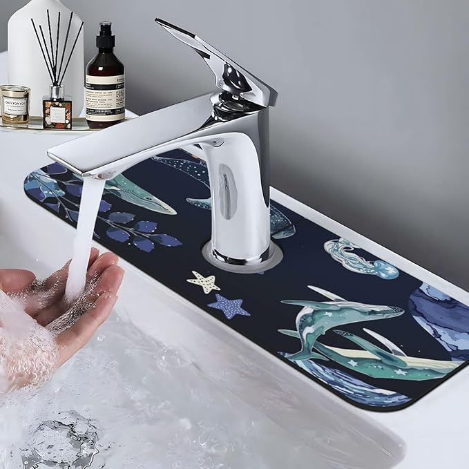 Whale Ocean Starfish 15" X 5.5" Kitchen Sink Splash Guard, Faucet Guard Draining Mat, Faucet Suction Pad For Kitchen Bathroom