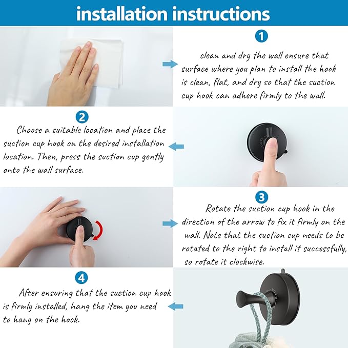 DGYB Suction Cup Hooks for Shower Set of 4 Removable Stainless Steel Towel Hook for Bathroom Glass Window Door Wall and Suction Wreath Hook for Hanging Robe, Loofah, Coat - Black