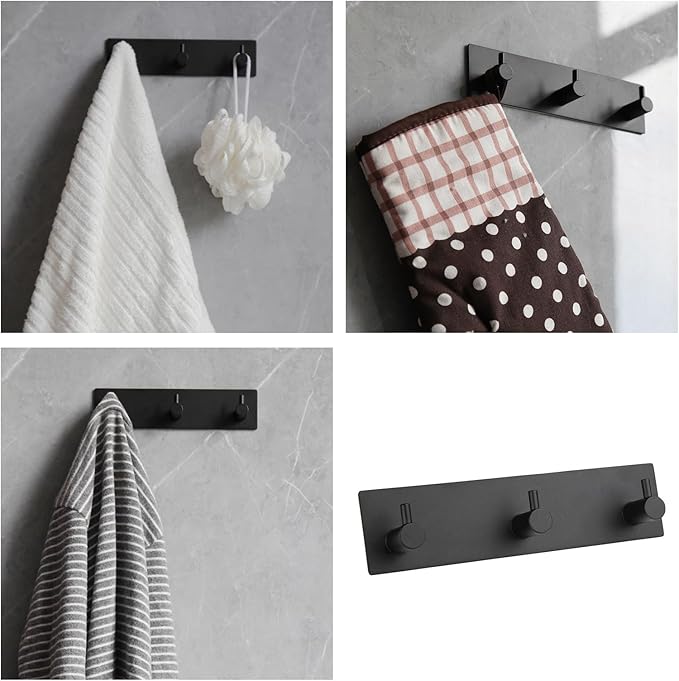 Self Adhesive Towel Hooks for Bathrooms Black Stick on Wall Hooks Bath Adhesive Towel Hanger Peel and Stick Matte Black Shower Hooks for Wall Adhesive Coat Hook for Wall Mount 3 Hooks