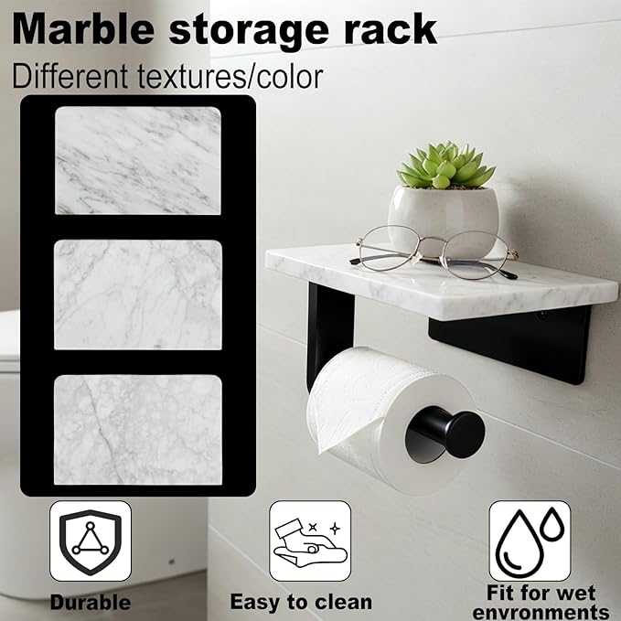 Toilet Paper Holder with Natural Marble Shelf for Bathroom Washroom,Wall Mounted Tissue Holder Suitable for Mega Roll (Small 6.7 * 4.3 in Matte Black)