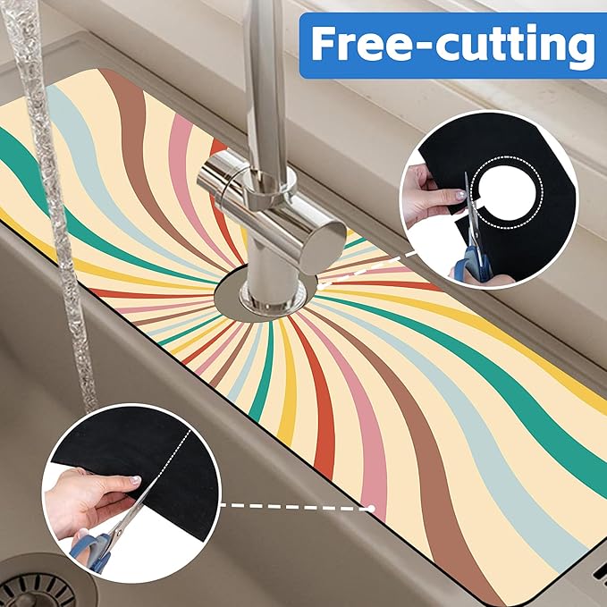 Groovy Retro Swirl Kitchen Sink Splash Guard Mat Absorbent Fast Drying Mat Faucet Draining Mat Sink Splash Guard Behind Faucet Drip Catcher for Kitchen Bathroom 5.5"×24"