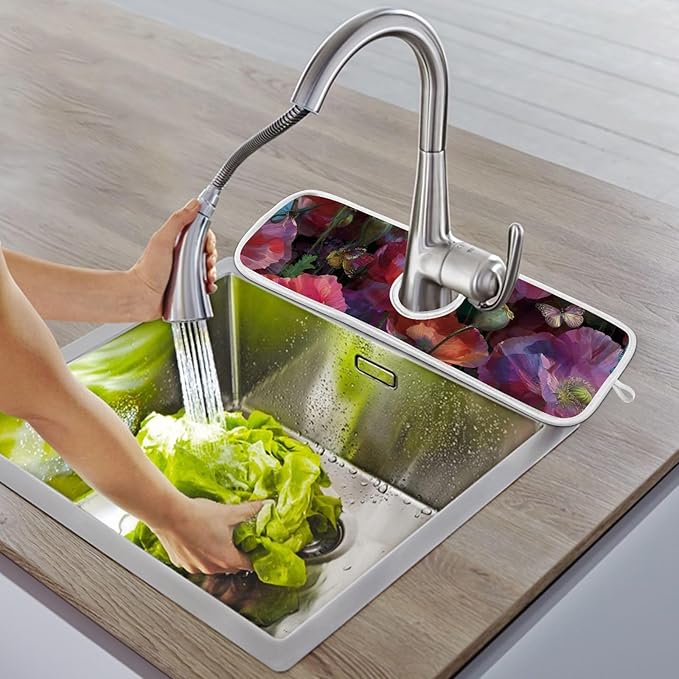 Sink Faucet Absorbing Mat Kitchen Sink Splash Guard Splash Faucet Drip Catcher for Bar RV Bathroom 2PCS 30x5.5in Pink Purple Poppy