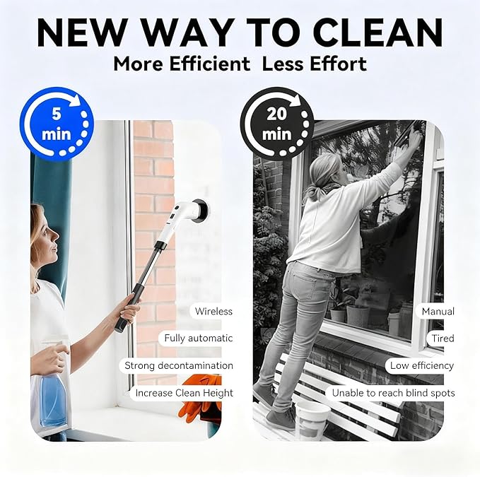 Long Electric Cleaning Brush, with Adjustable Cleaning Height, Abs Material, Cordless Electric Scrubber, Rechargeable Shower Scrubber, Multiple Brush Heads, for Shower, Doors, Kitchen, Sinks,