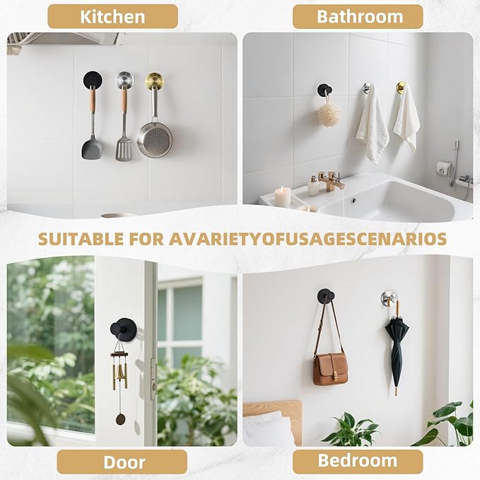 Suction Cup Hooks for Shower Heavy Duty Wreath Hangers for Front Door Waterproof Shower Hooks for Inside, No Drill Adhesive Towel Hooks for Bathroom, Kitchen, Glass Doors, Windows (4, Brushed Nickel)