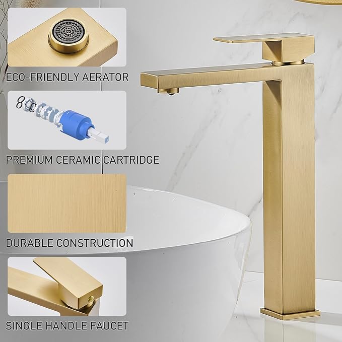 Brushed Gold Vessel Sink Faucet, 1 Hole Single Handle Tall Bathroom Vanity Faucets, Modern Utility Rv Laundry Bath Restroom Mixer Tap with Metal Pop Up Drain and 2 Water Supply Lines