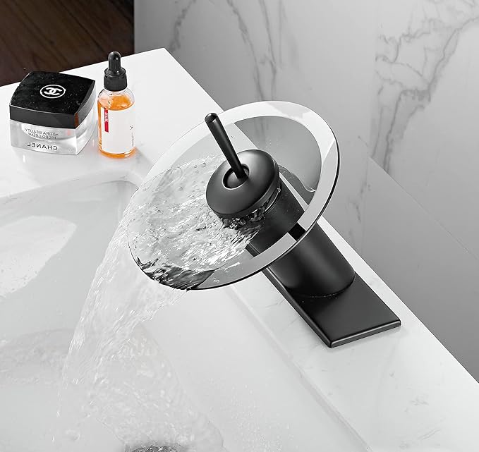 Bathroom Faucet Black Glass Spout Waterfall Single Handle One Hole Bath Sink Faucet Vanity Lavatory Basin Mixer Tap with Cover Plate Deck Mount Commercial
