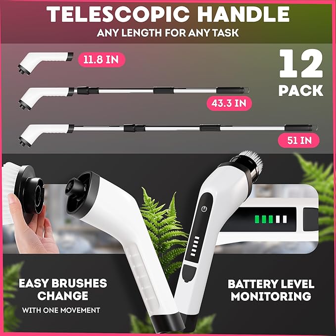 7-in-1 Electric Bathroom Scrubbing Brush, 2500 mAh. Pack of 12 Telescopic Bathtub Scrubber with Long Handle. Electric Bathtub Scrubber. Portable Power Brush for Cleaning Bathroom, Kitchen, Car