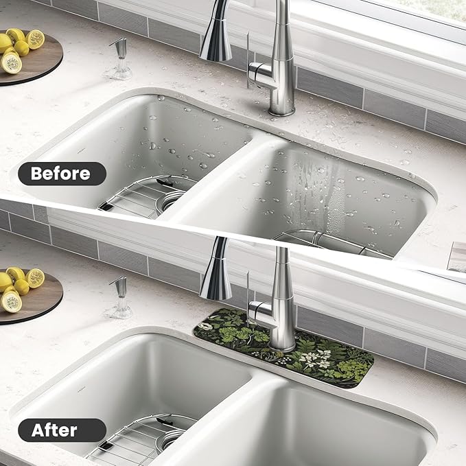 Botanical Garden Floral 15" X 5.5" Kitchen Sink Splash Guard, Faucet Guard Draining Mat, Faucet Suction Pad For Kitchen Bathroom