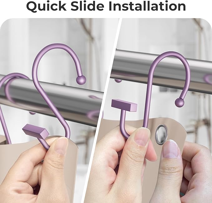 Purple Shower Curtain Hooks, Bathway Shower Curtain Rings Rust Proof, 12PCS Shower Hooks for Shower Curtain, T-Bar Design Convenient Elegant Shower Curtain Hangers for Bathroom Kitchen Wardrobe