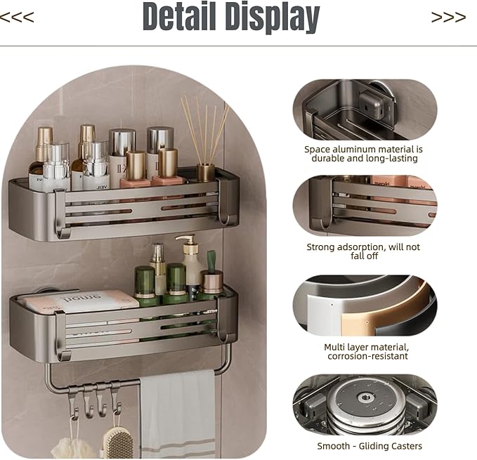 2Pcs Corner Shower Shelf Caddy Suction Cup, No Drill Hole with Towel Bar and Hook, Gray Bathroom Storage Rack, Zero Drill Square Shelves, Store Toiletries and Bath Towel for Bathroom Kitchen RV