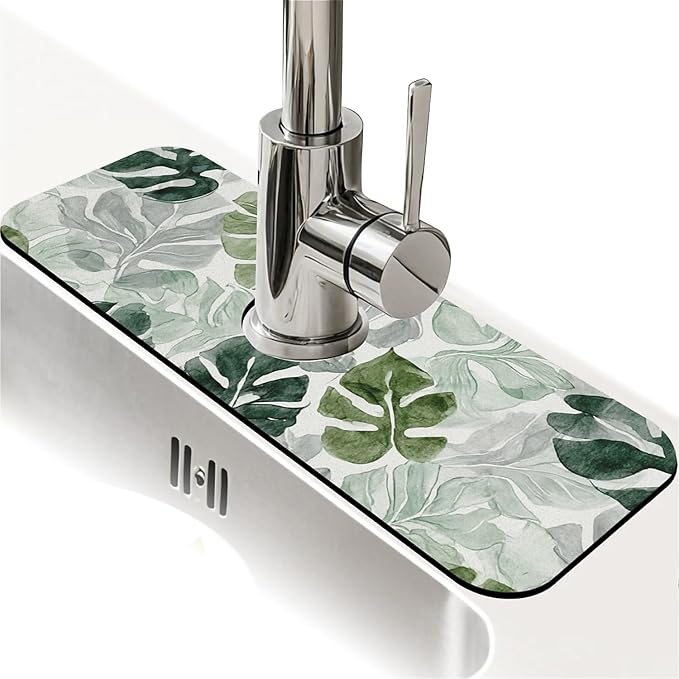 Kitchen Sink Splash Guard，Watercolor turtle shell leaf Faucet Mat Sink Gadgets-Super Absorbent Fast Drying Mat Drip Catcher for Kitchen, Bathroom,Sink Mat, Dish Drying Mat, Bathroom(15" X 5.5" )