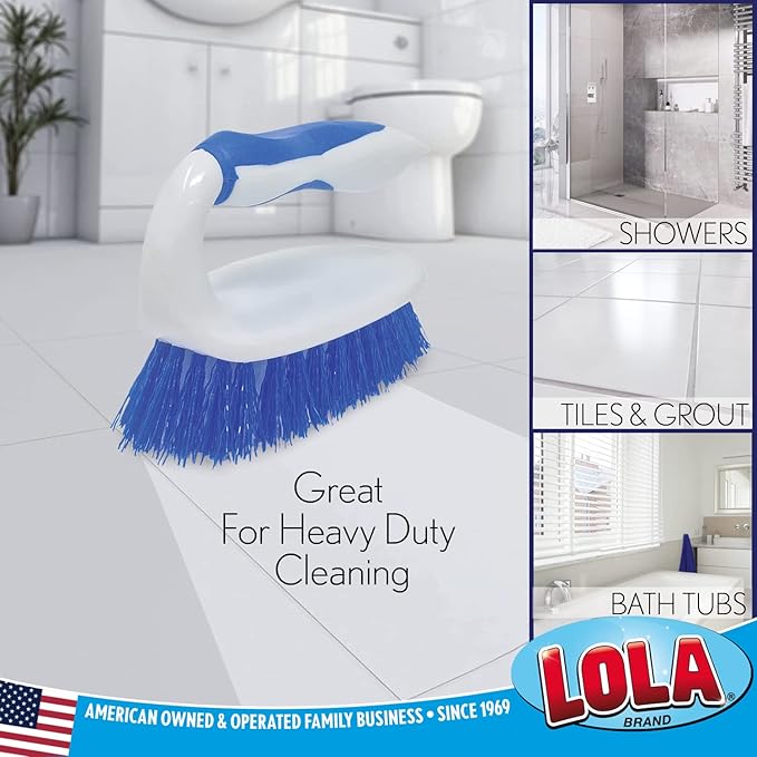 LOLA Iron Shaped Handled Scrub Brush, 2 Pack, Ergonomic Handle, No Slip Grip, Fiber Bristles, Heavy Duty Tile & Floor Cleaner