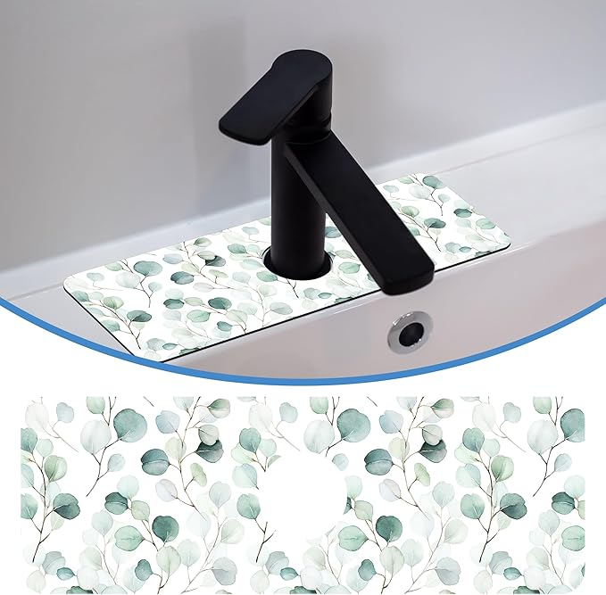 Faucet Mat for Kitchen Sink Watercolor Green Leave Branche, Soft Diatom Mud Material, Strong Water Absorption, Non-slip, Easy to Clean for Bathroom, Kitchen 15"X5.5"