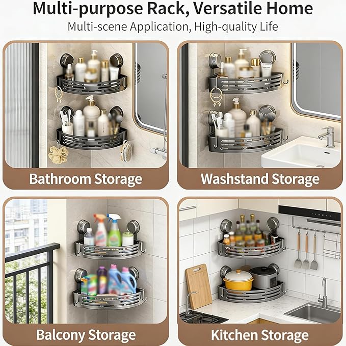 Triangle Suction Cup Shower Caddy, Corner Shower Shelves No Drilling, Upgrade Suction Cup Shower Organizer with Towel Bar & Hooks, Heavy-Duty Strong Hold (Black, 1pc)