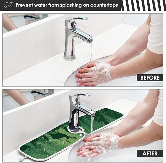 2 PCS Kitchen Sink Splash Guard 30 Inch Faucet Mat for Kitchen Sink Bathroom Sink Faucet Absorbing Drip Drain Mat Pad Microfiber Soft Washable Purple and Green Stag Forest Trees