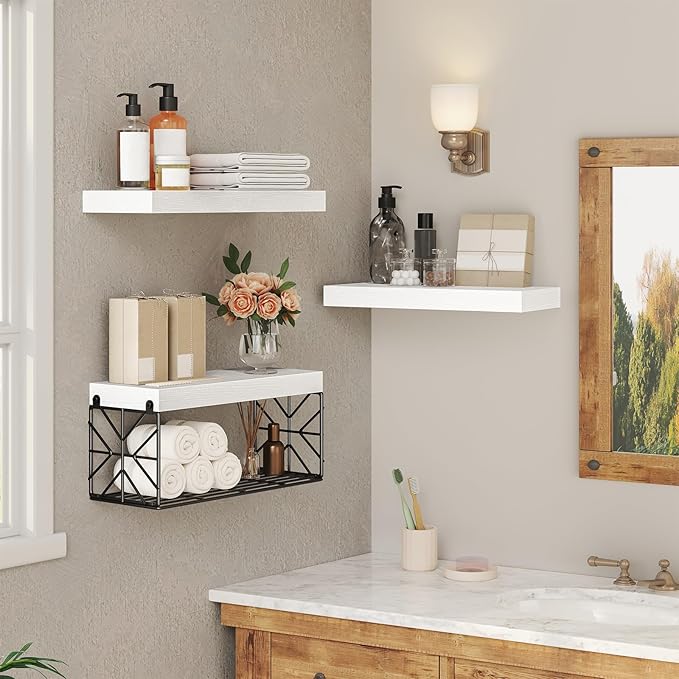Bathroom Shelves Over Toilet Set of 3, Floating Shelves for Wall Toilet Paper Storage, 1.5" Thick Hanging Shelf, Farmhouse Wall Decor for Bathroom Living Room, Kitchen, White 4001BJWT