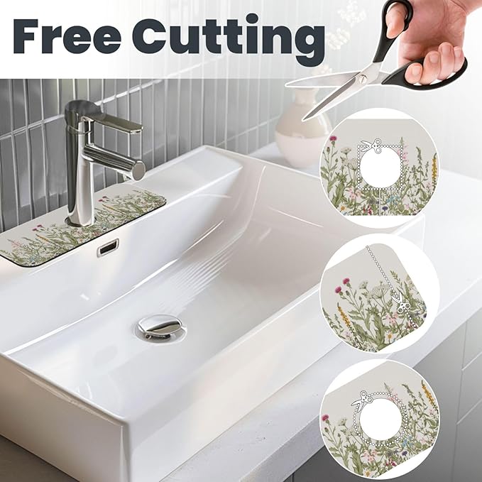 Vintage Color Plants Herbs Floral Kitchen Sink Splash Guard Faucet Mat 1 Pcs, Absorbent Fast Drying Mat Gadgets Splash Guard For Bathroom 15 X 5.5 Inches