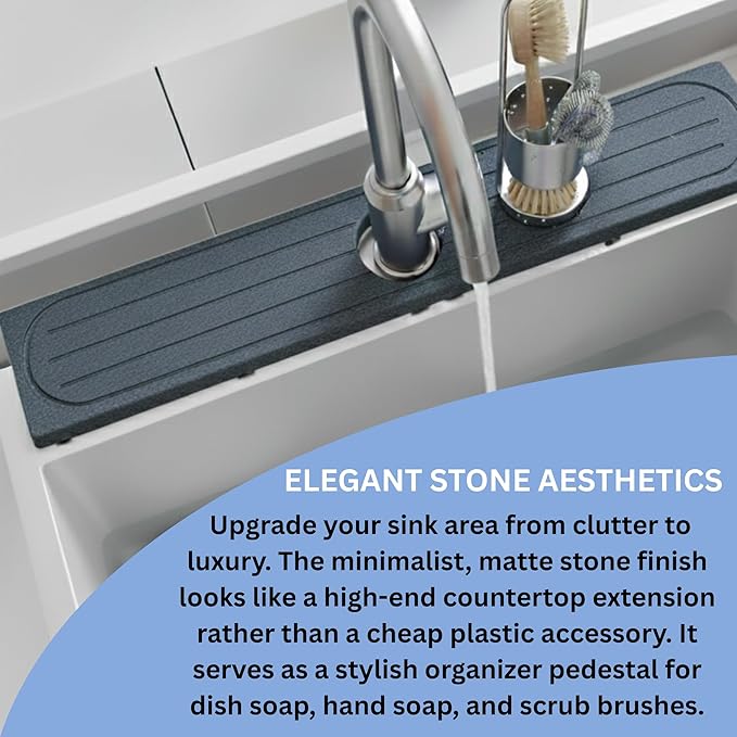 Stone Faucet Mat for Kitchen Sink, Quick Dry Diatomite Drying Mat for Counter, Faucet Splash Guard, Sink Protector, Water-Absorbing Tray for Bathroom or Countertop (Dark Gray, 20" x 4")