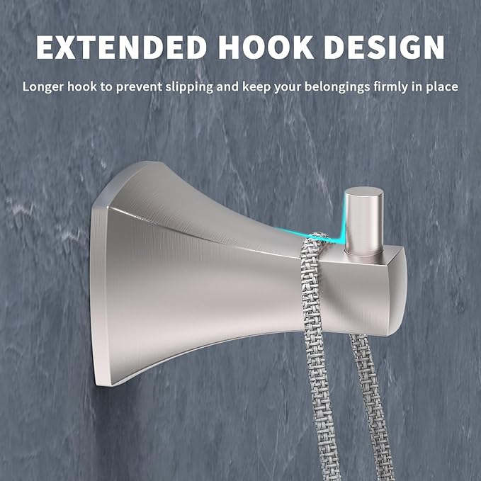 Towel Hooks for Bathrooms, 2 Pack Brushed Nickel Stainless Steel and Zinc Alloy Hand Towel Holder Wall Mount, Heavy Duty Hanging Hooks for Kitchen, Closet, Pool, Coats, Shower, Robe