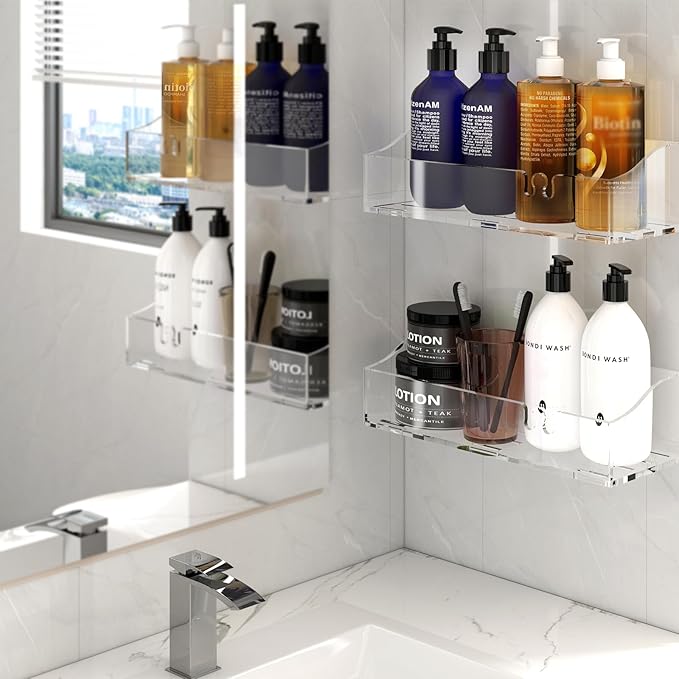 Acrylic Shower shelves 3 Pack,Adhesive Shower Organizer for Bathroom Storage Home Decor,No Drilling,Transparent Organizer,Shower Caddy for Inside Shower