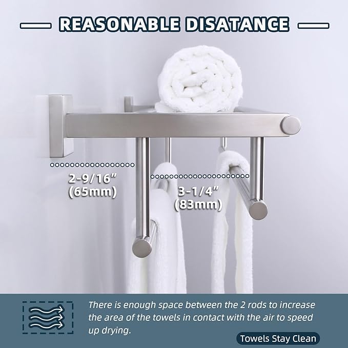 Towel Rack for Bathroom Brushed Nickel, Angle Simple SUS304 Stainless Steel Bath Towel Holder with Shelf for Wall 23.62 Inches