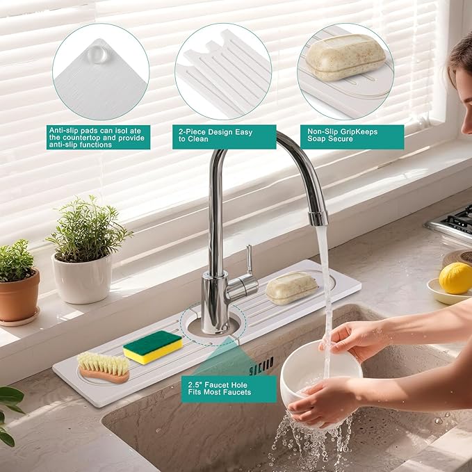 15.7”Drying Stone Faucet Mat for Kitchen Sink-Diatomite Quick Dry Kitchen Sink Splash Guard, Water Absorbent Diatomite Stone Tray,Durable Protector for Bathroom Counter (white, 15.7" X 3.9")