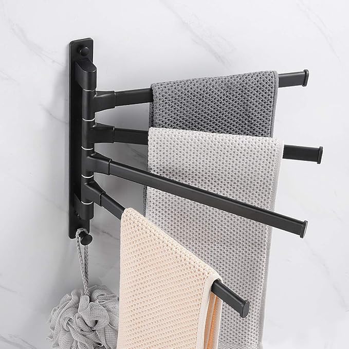 Swivel Hand Towel Bar Bathroom Swing Hanger Towel Rack Holder Matte Black Finish, Wall Mounted, 4-Arm