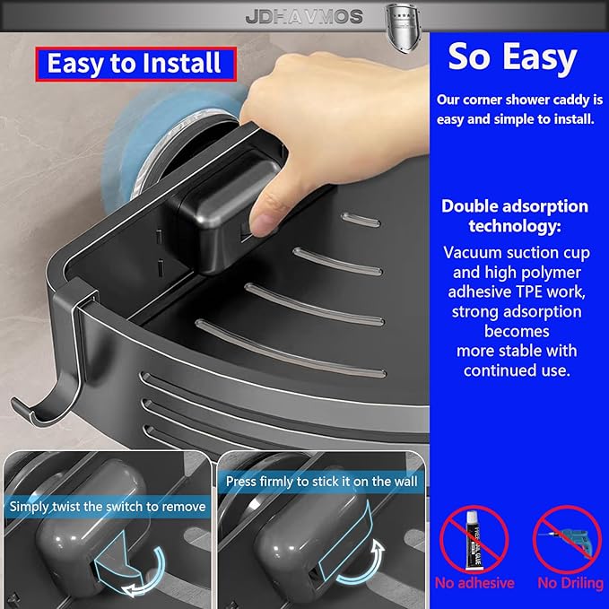 Suction Cup Shower Caddy - No Drilling Removable, Corner Shower Shelves - Aluminum Rustproof, Corner Shower Caddy with Towel Bar & Hooks for Bathroom Organizer (1-Pack Gunmetal Gray)