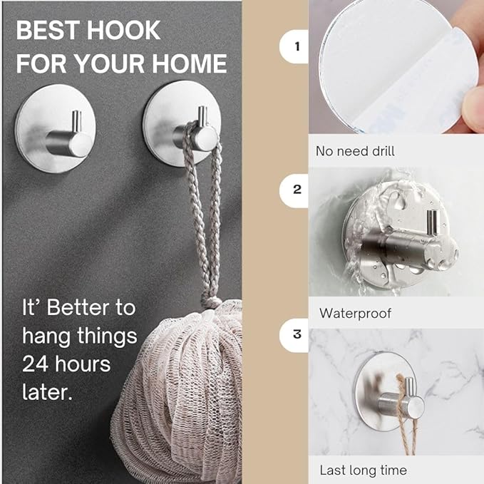 Miliocry 6 Packs Bathroom Towel Hooks, Adhesive Hooks Heavy Duty Wall Hook, Waterproof Stainless Steel Towel Hanger Robe Hat Coat Holder, Wall Mount Hooks for Bathroom,Bedroom,Kitchen(Silver-Round)