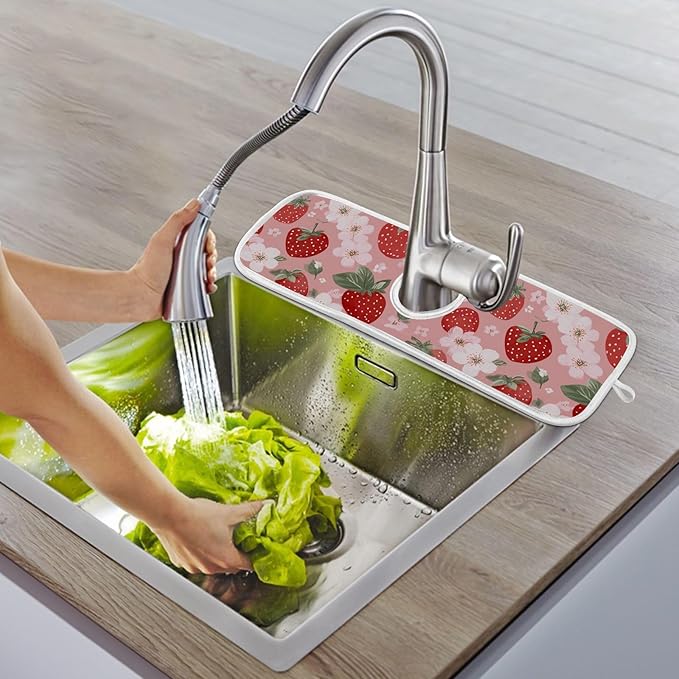 2 PCS Kitchen Sink Splash Guard 30 Inch Faucet Mat for Kitchen Sink Bathroom Sink Faucet Absorbing Drip Drain Mat Pad Microfiber Soft Washable Pink and Red Strawberry Flowers