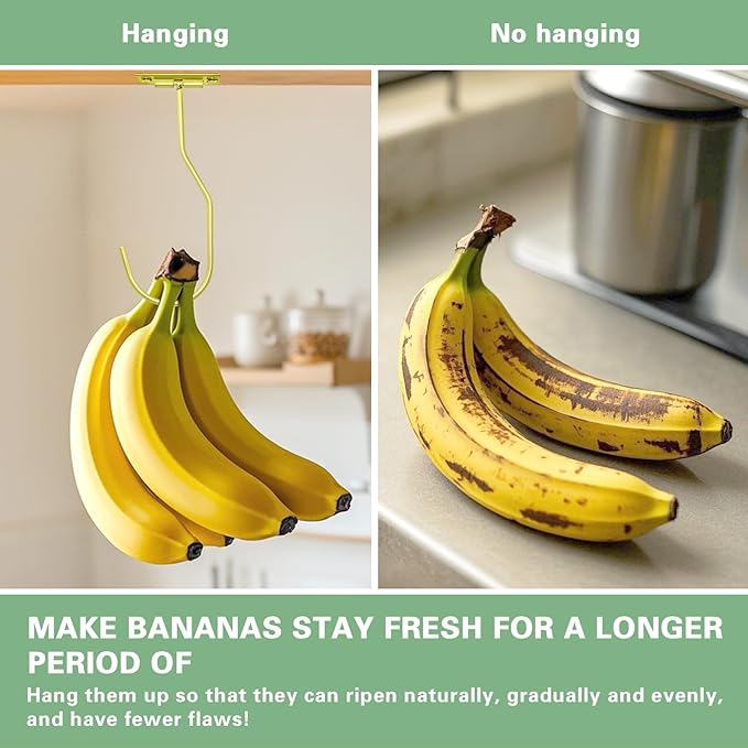 Banana Hanger Hook – Space Saving Banana Holder Hanger to Keep Bananas Fresh, Self Adhesive and Screw Banana Hook 2Pack Gold