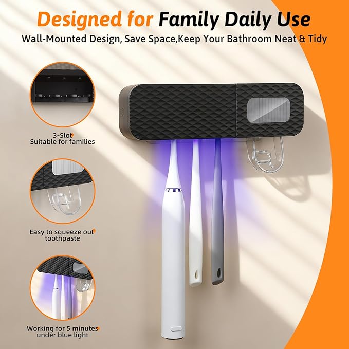 Smart Toothbrush Holder, Wall Mounted Toothbrush Holder with Toothpaste Dispenser, Drying Function and 3 Toothbrush Slots for Bathroom (Black)