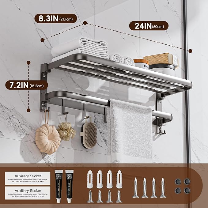 Towel Racks for Bathroom, 24inch Foldable Towel Holder with Double Towel Bars, Rustproof Towel Organizer Towel Hanger, Wall Mounted Bath Towel Shelf with 7 Hooks for Bathroom, Lavatory - Grey