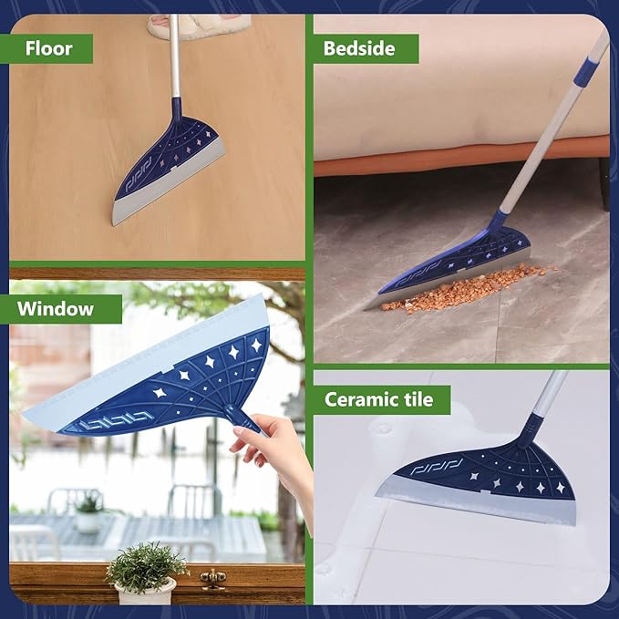 Air Broom for Household Cleaning, Silicone Broom Adjustable Handle, Sweep and Scrape 2-in-1 Squeegee Broom for Wet&Dry Messes, Hair, Liquids, Glass, Bathroom, Kitchen on Smooth Floor (Blue)