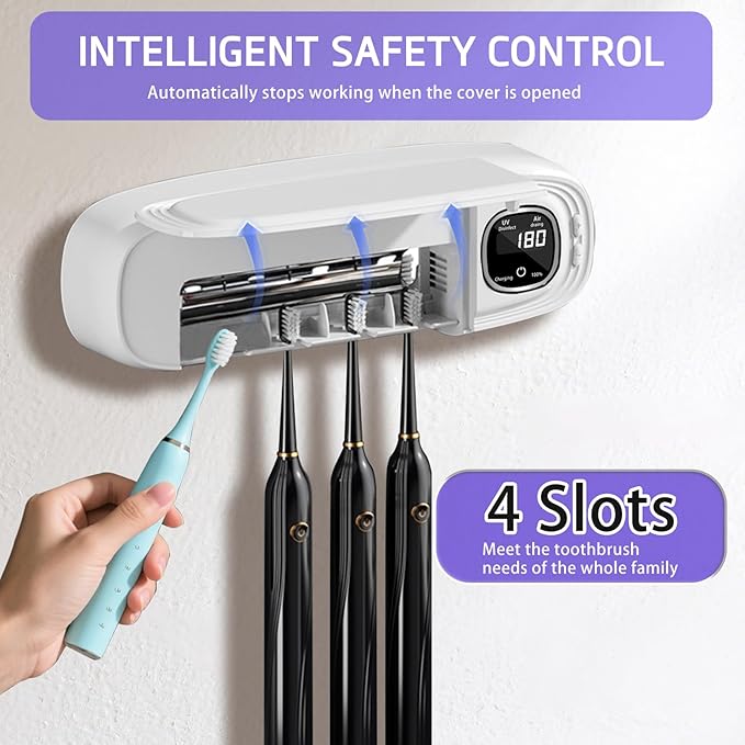 Wall Mounted Toothbrush Holders for Bathrooms, 4 Slots UV Toothbrush Sanitizer and Holder with Air Drying 3000mAh Rechargeable Cordless UV Toothbrush Cleaner with Timer Function & No Drilling (White)