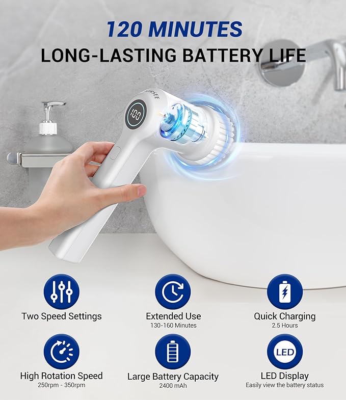 AIRSEE Cordless Electric Spin Scrubber, Handheld Power Shower Cleaner Brush, 2 speeds, 6 Replaceable Brush Heads for Cleaning Floor, Window, Bathroom, Kitchen, for Elderly & Busy Family