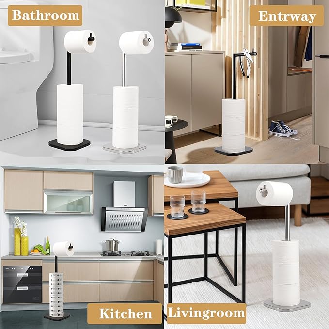 Toilet Paper Holder Stand, Free Standing Tissue Paper Storage for Bathroom, Stainless Steel Toilet Paper Stand with Reserve for 5 Roll Weighted Base Bathroom Toilet Roll Holder(Matte Black)