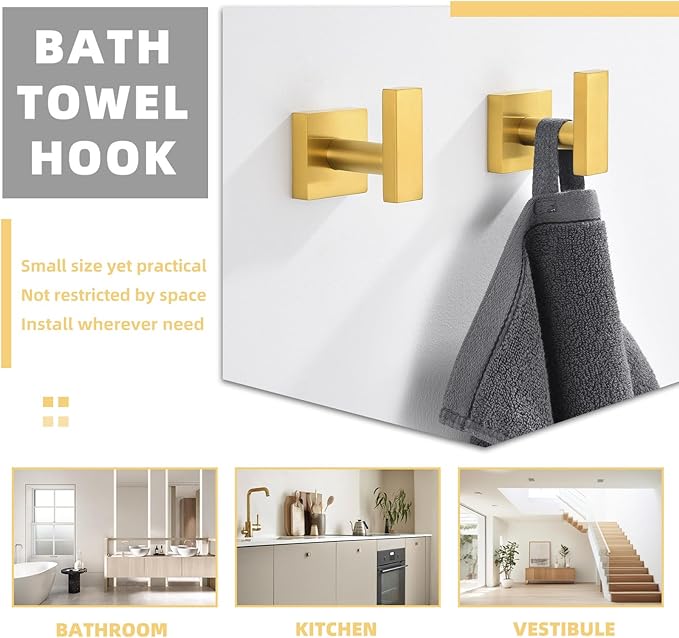 APLusee Robe Towel Hook 2 Pack Brushed Gold, 304 Stainless Steel Square Coat Hanger, Wall Mounted