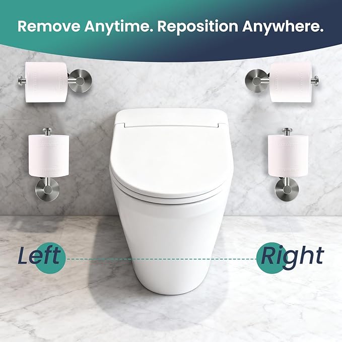 Removable Suction Cup Toilet Paper Holder, No Drilling Bathroom Wall Mount Tissue Roll Holder Brushed Nickel Stainless Steel Damage-Free Easy Install & Reposition Fits Smooth Surfaces