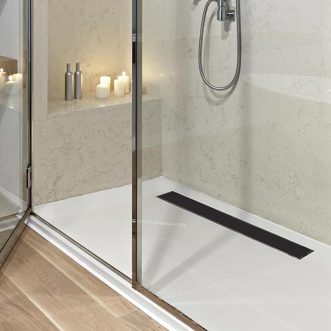 12 Inch Linear Shower Drain Matte Black Floor Drain for Bathroom Kitchen Rectangular 2 in 1 Floor Drain Tile Insert Cover 304 Stainless Steel Easy Install with Hair Strainer, Adjustable Leveling Feet